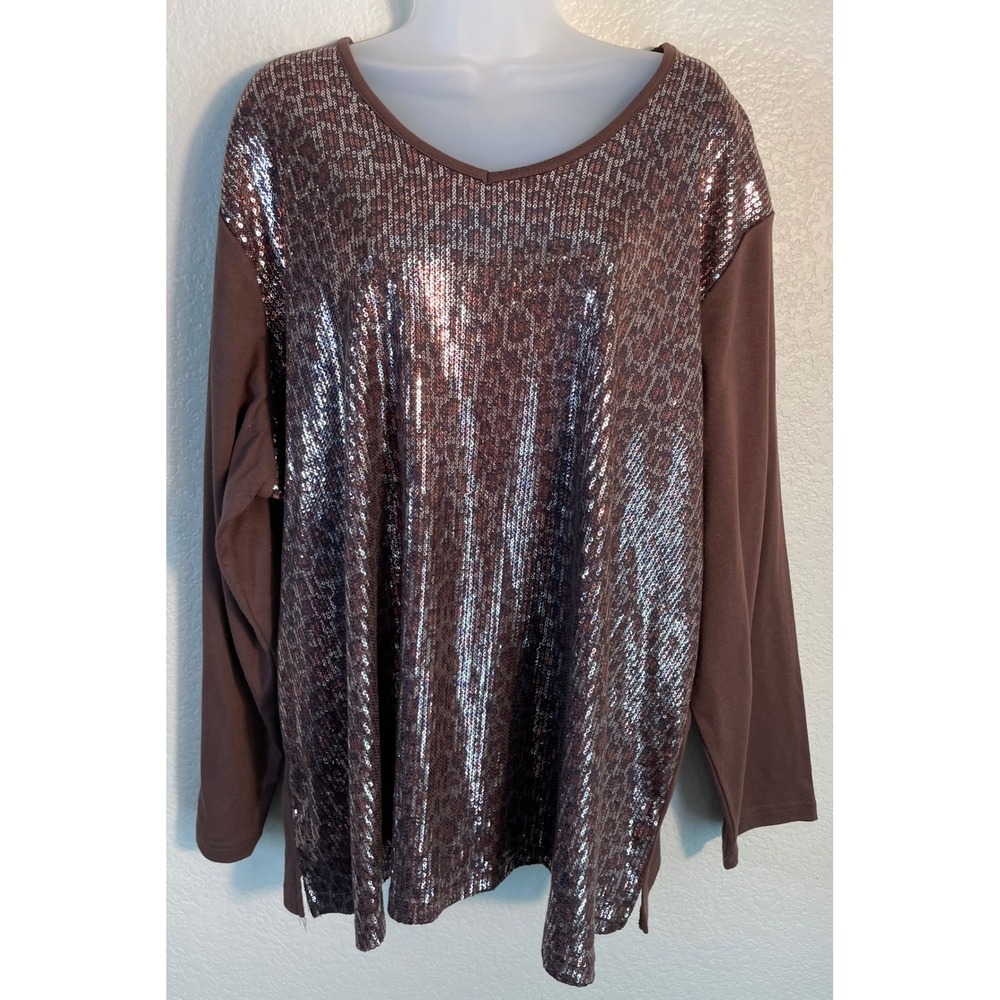 Quacker Factory Womens 3XL Sequin Top Brown Leopard Print Long Sleeve V Neck
